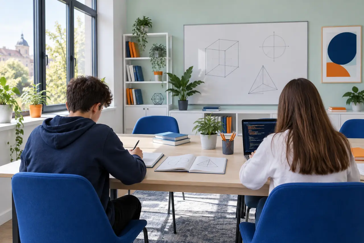 Elevi care lucrează la matematică și informatică într-o sală luminoasă