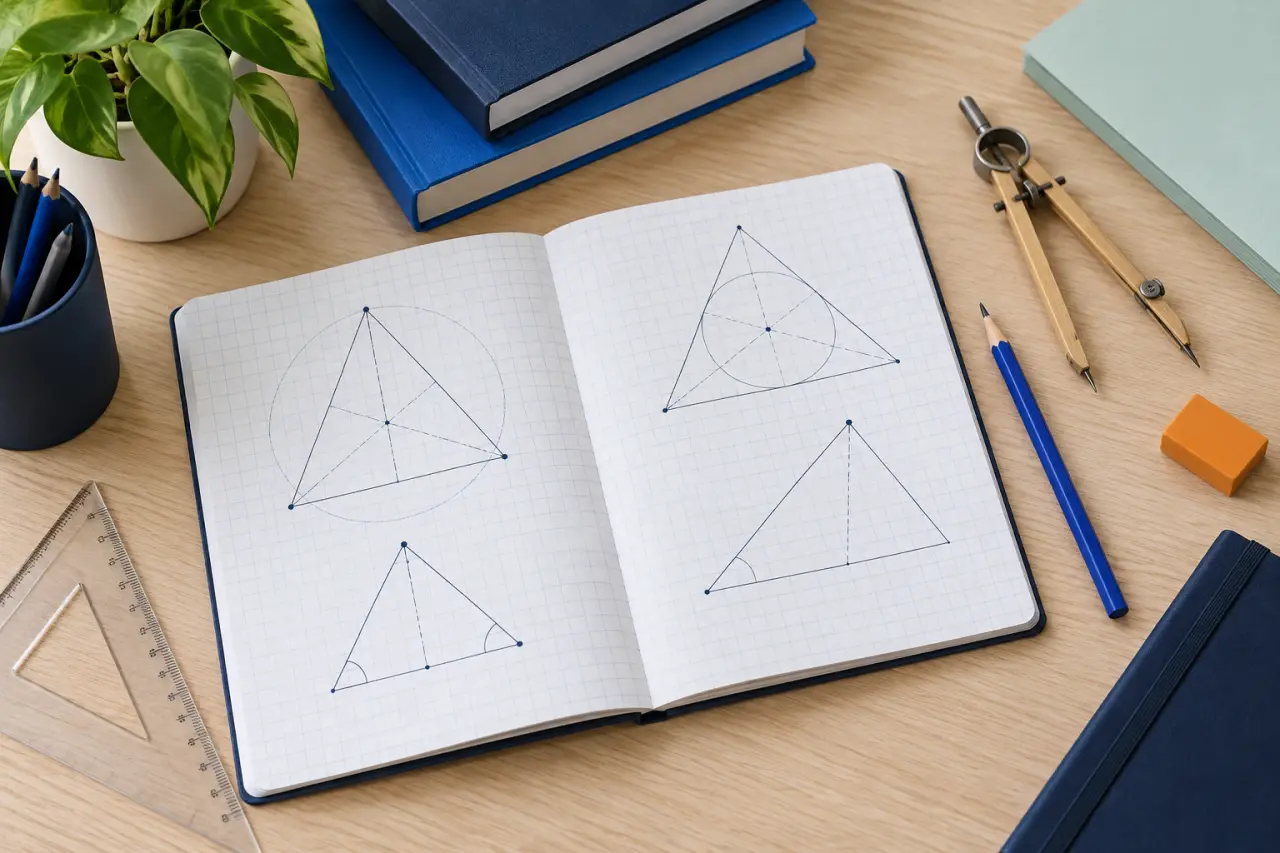 Caiet de geometrie, compas și creion pe masa de studiu