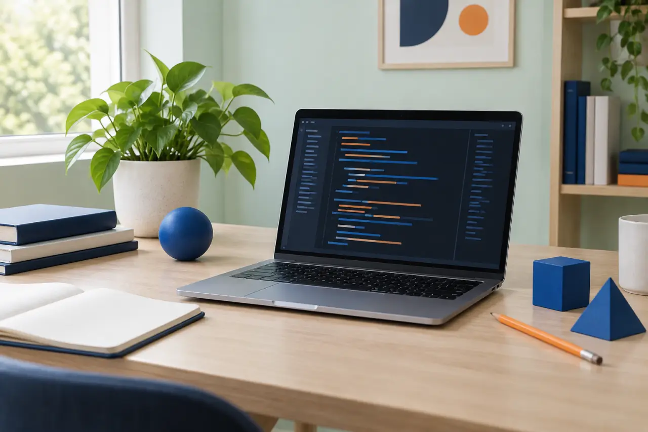 Laptop și obiecte geometrice pentru o lecție de programare