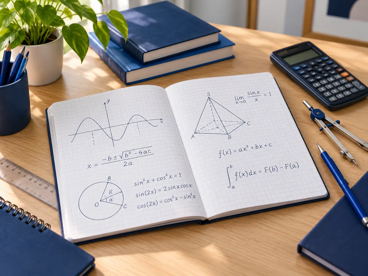 Caiet cu formule de matematică, calculator și compas pe masa de studiu
